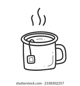 Doodle mug. Hot mug with tea in a linear style. Vector isolated illustration on a white background.