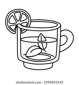 Doodle mug with leaves and lemon. Contour illustration on a white. mug is transparent with tea. Brewing tea. Monochrome drawing. Use illustrations for websites, product catalogs, promotional materials
