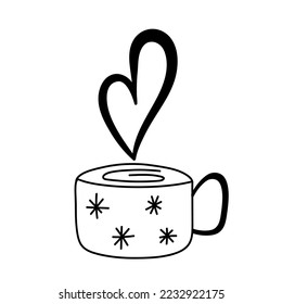 Doodle mug with steam. Hand drawn cute mug with snowflakes and heart shaped steam. Vector cozy element for decor