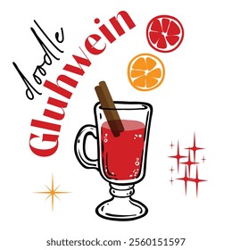 Doodle of mulled wine in a glass. Simple outline of hot alcoholic Christmas drink made out of wine, cinnamon, cloves, citrus, and sugar, enjoyed during festive seasons. 