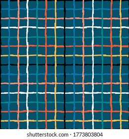 Doodle Multicolor Plaid Check Seamless Pattern. Vector Checkered Colorful Background
