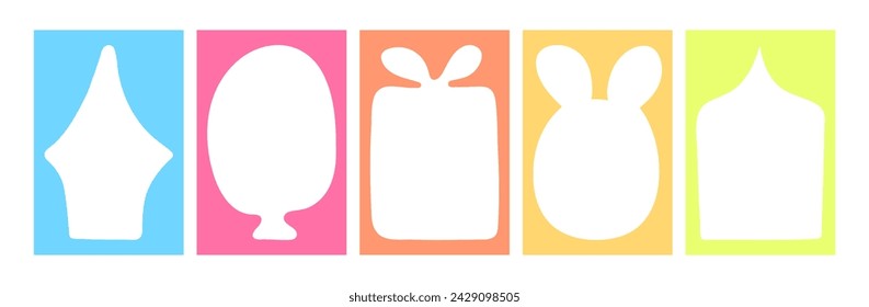 Doodle multicolored blank rectangle borders set. Hand drawn Frame in shape of balloon, hare with ears, gift box, window with curtains. Simple Textbox with copy space for social media story or cards.