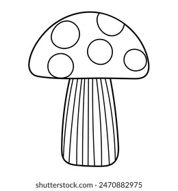 Doodle mushroom in black and white isolated. Hand drawn cute nature element for kids design in outline. Great for apparel, prints, stickers. Vector illustration