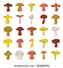 Doodle mushroom icons set. Mushrooms vector illustration for design and web isolated on white background. Doodle mushroom vector object for labels, logos