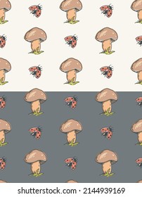 Doodle mushroom seamless pattern. Hand drawn ink brush stroke, cartoon colored kid design, ladybug illustration. Earth tones color palett. White or Gray easy editable background. Vector