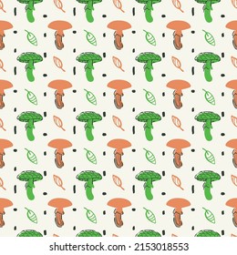Doodle mushroom seamless pattern. Hand drawn ink brush stroke, modern cartoon design, decorative autumn organic shapes. Bright orange green colour palette. Transparent background. Vector illustration