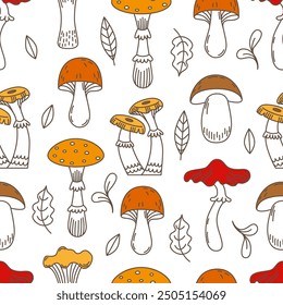 Doodle mushroom seamless pattern. Stylish nature print design for fabric. Forest elements, leaves fly agaric mushrooms. Neoteric vector background