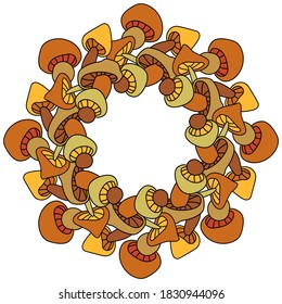 Doodle mushroom wreath of bright autumn colors, natural elements in the form of a round frame, vector illustration for design and creativity