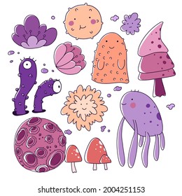 Doodle mushrooms aliens set. Funny Cartoon character design set.