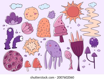 Doodle mushrooms aliens set. Funny Cartoon character design set.