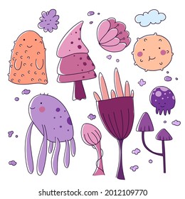 Doodle mushrooms aliens set. Funny Cartoon character design set.