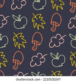 Doodle mushrooms, apples and leaves seamless pattern. Autumn print for tee, paper, fabric, textile. Hand drawn vector illustration for decor and design. 


