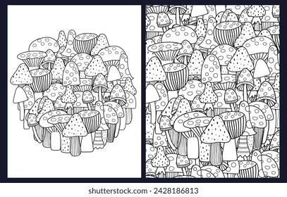 Doodle mushrooms coloring pages set. Fantasy forest background for coloring book  in US Letter format.  Black and white prints collection with whimsical fairy mushrooms. Vector illustration