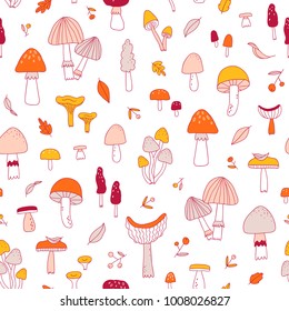 Doodle mushrooms seamless pattern