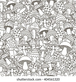 Doodle mushrooms seamless pattern. Black and white fantasy background. Great for coloring book, wrapping, printing, fabric and textile. Vector illustration