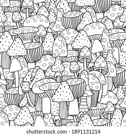 Doodle mushrooms seamless pattern. Fantasy forest coloring page. Black and white print for coloring book with whimsical fairy mushrooms. Amanitas outline background. Vector illustration