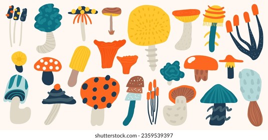 Doodle mushrooms set. Cute hand drawn cartoon style autumn poisonous and edible forest mushrooms, chanterelle, morel, fungus, toadstool, fly agaric. Autumnal decorative elements for kids, children