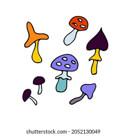 Doodle mushrooms set. Hand-drawn different useful, poisonous mushrooms isolated on white background. Cartoon symbol forest, nature, halloween, fly agaric, amanita, toadstool. Vector cute illustration