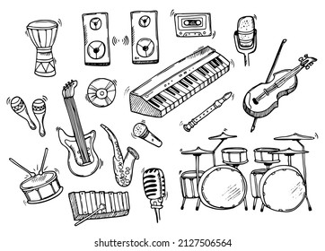Doodle music icons set. Musical instruments in vector. 