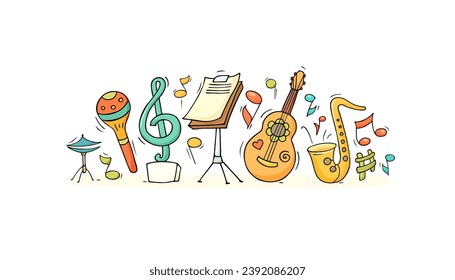Doodle music instruments, guitar, drums, saxophone and maracas. Concept of jazz or rock concert with music stand, acoustic guitar, treble clef and notes, vector sketch illustration