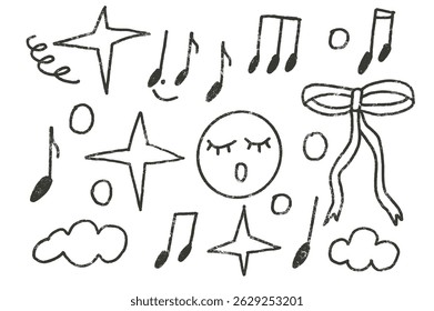 Doodle music note hand drawn set. Punk charcoal sing doodle background. Scribble grunge bow and stars shapes. line sketch graffiti art. Vector sketchy illustration by pencil isolated.