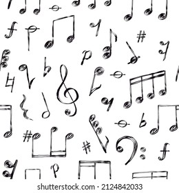 Doodle music notes, signs and clefs, melody seamless pattern. Hand drawn sketch song sound symbols wallpaper. Musical notation vector print. Illustration of note music symbol seamless pattern