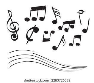 Doodle music notes. Simple song drawing musical symbols, singing melody vector decoration elements