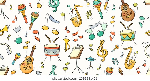 Doodle music seamless pattern with instruments - guitar, drums, saxophone and maracas. Concept of jazz or rock concert with music stand, guitar, notes, vector sketch illustration 