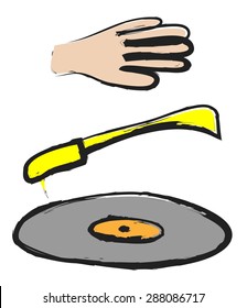 Doodle music, turntable, vinyl LPs, vector illustration