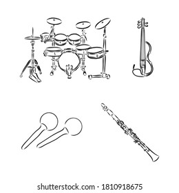 Doodle musical instruments set, vector, set of musical instruments, vector sketch illustration