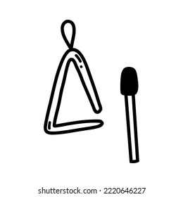 Doodle musical triangle. Vector sketch illustration of musical instrument, black outline art for web design, icon, print, coloring page.