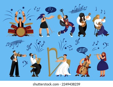 Doodle musicians, jazz music people. Cute funny band, art notes, woman and man characters, cartoon sketch style drummer and singer, vocalist and saxophonist. Vector illustration current set