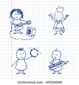 Doodle musicians rock group isolated on notebook page. Vector rock musicians.