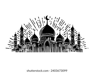 Doodle of Muslim mosque isolated on a white background. Simple black outline vector drawing. Sketch in ink.