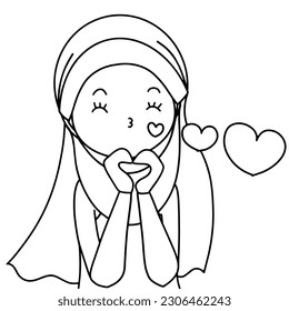 doodle muslim woman is falling in love , hand drawing hijab girl sends heart 