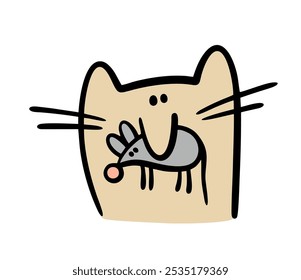 Doodle muzzle of a contented kitten. Vector illustration of a nimble cat catching a mouse and holding a rodent in its mouth.  Good hunting, fun game. Hunters are the prey. Isolated animals on white.