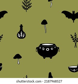Doodle mystery witchcraft seamless pattern. Vector background with magical mystic design elements:herb,mushroom,bat,cauldron,bowl,potion bottle. 