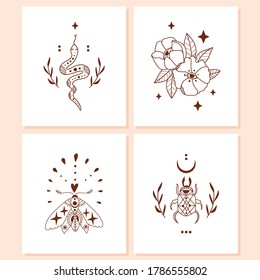 Doodle mystic set of 4 vector magic illustrations. Outline moth, bug, snake, eye flowers. Boho abstract posters with witch symbols. Hand drawn templates for cards, t-shirt prints. Line art collection