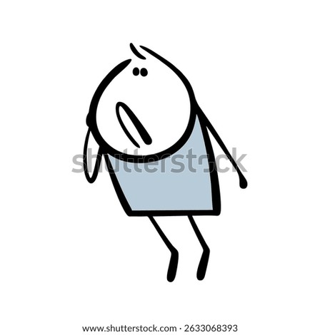 Doodle naive boy stands on tiptoe, cautiously peeks inside. Vector illustration of cartoon disgruntled curious stickman.