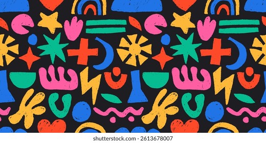 Doodle naive shapes pattern. Seamless print of abstract funny hand drawn scribble blobs, abstract crayon brush pencil elements for kids fabric design. Vector texture.