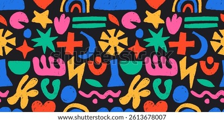 Doodle naive shapes pattern. Seamless print of abstract funny hand drawn scribble blobs, abstract crayon brush pencil elements for kids fabric design. Vector texture.