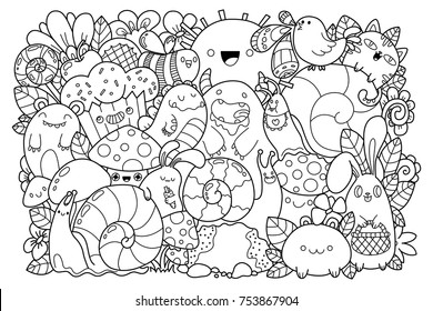 Doodle nature. Cute cartoons in kawaii style. Coloring book anti-stress