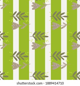 Doodle nature cute seamless pattern with leaf branches and flowers. Striped background. Vector illustration for seasonal textile prints, fabric, banners, backdrops and wallpapers.