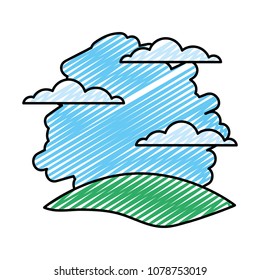 doodle nature landscape with clouds in the sky and mountain