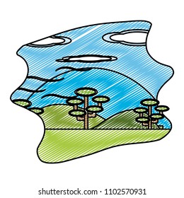 doodle nature landscape with mountains and cute trees