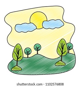 doodle nature landscape trees with sun and clouds
