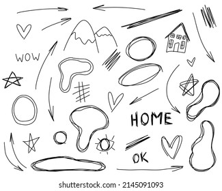 Doodle nature, mountains, arrows, frames, text, house, home. Sketch set cute isolated line collection.