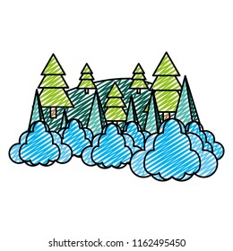 doodle nature pine tree with clouds landscape