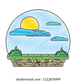 doodle nature sun with clouds and ecology landscape