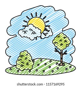 doodle nature sun with clouds and tree landscape
